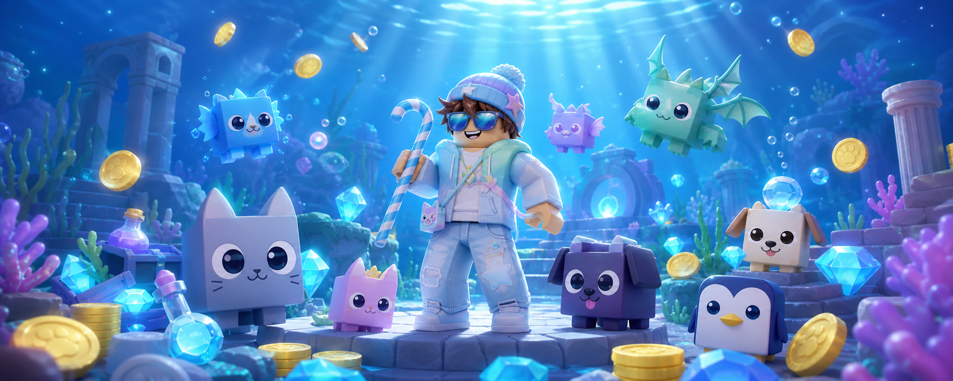 BK Pros YT Roblox avatar surrounded by Pet Simulator X pets, gems, and coins in an Ocean Deep scene